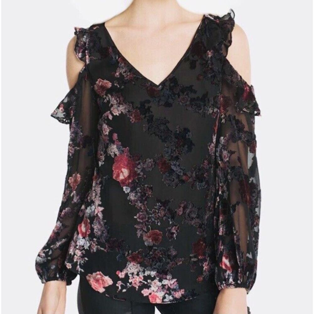 WHBM Floral Print Velvet Cold Shoulder Ruffle Blouse Size 0
